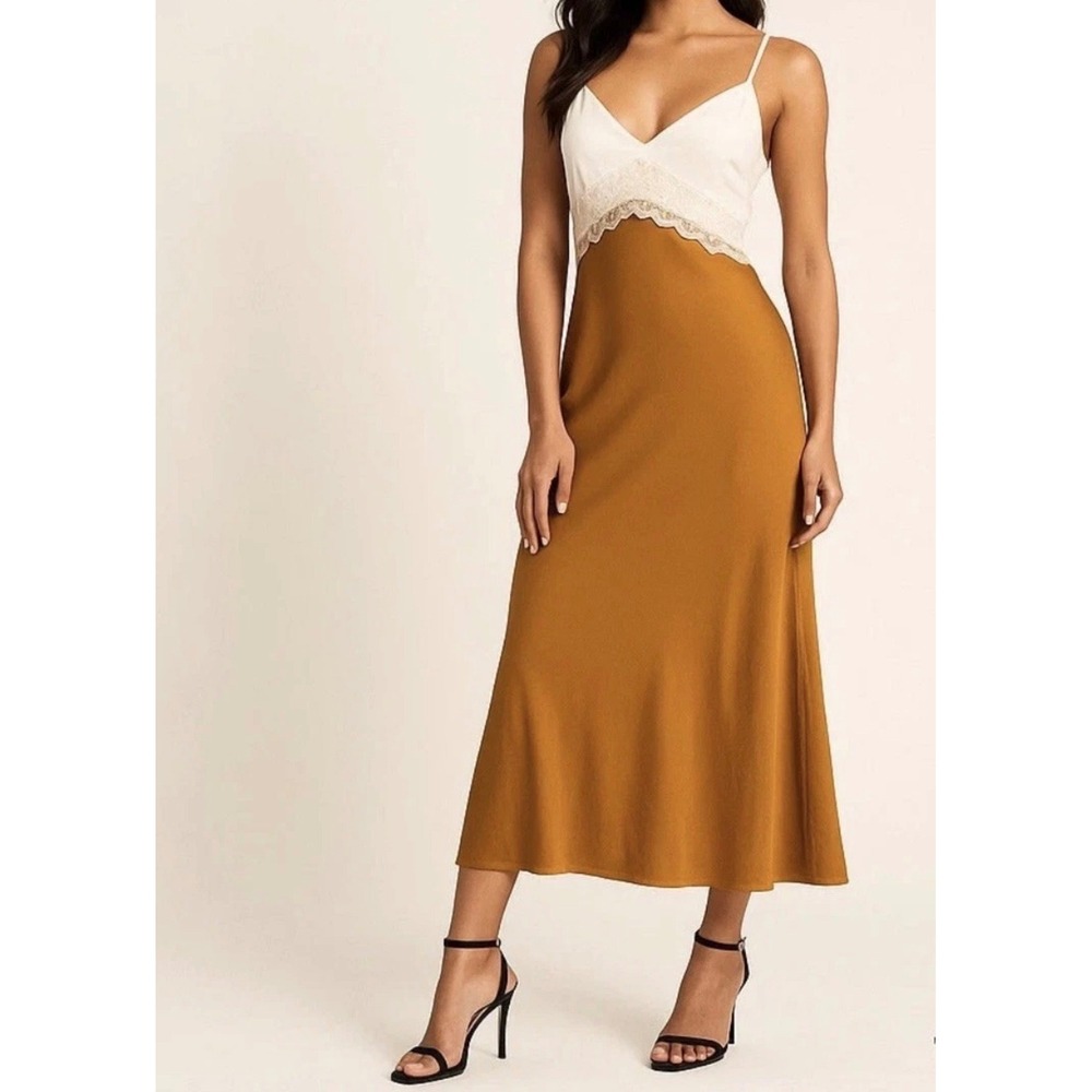 Abercrombie & Fitch White Lace-Trim Slip Midi with Mustard Skirt
